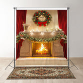 Aperturee - Vintage Fireplace Red Bow Curtain Christmas Backdrop